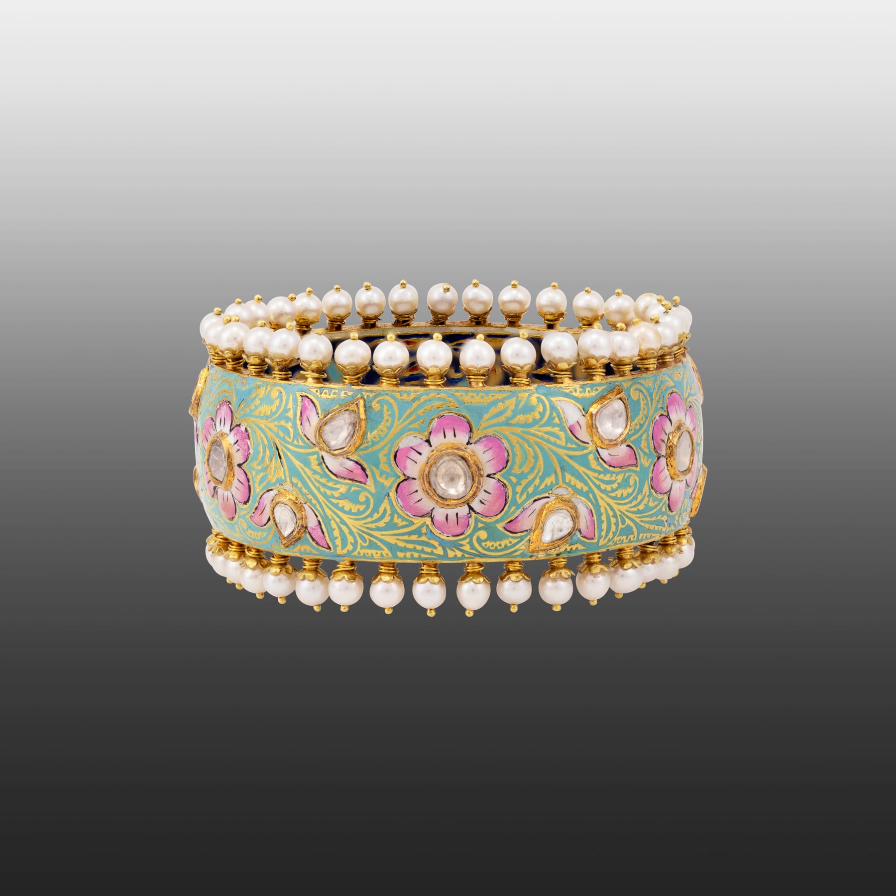 Floral Enamel Polki Bangle with Pearl Fungar Borders